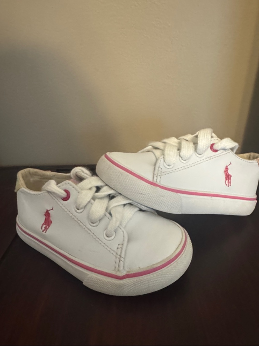 Ralph Lauren White Sneakers with Pink Polo Accent - Baby Girl 6 Kids